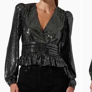 ASTR the Label Metallic Sequin Long Sleeve Peplum Top